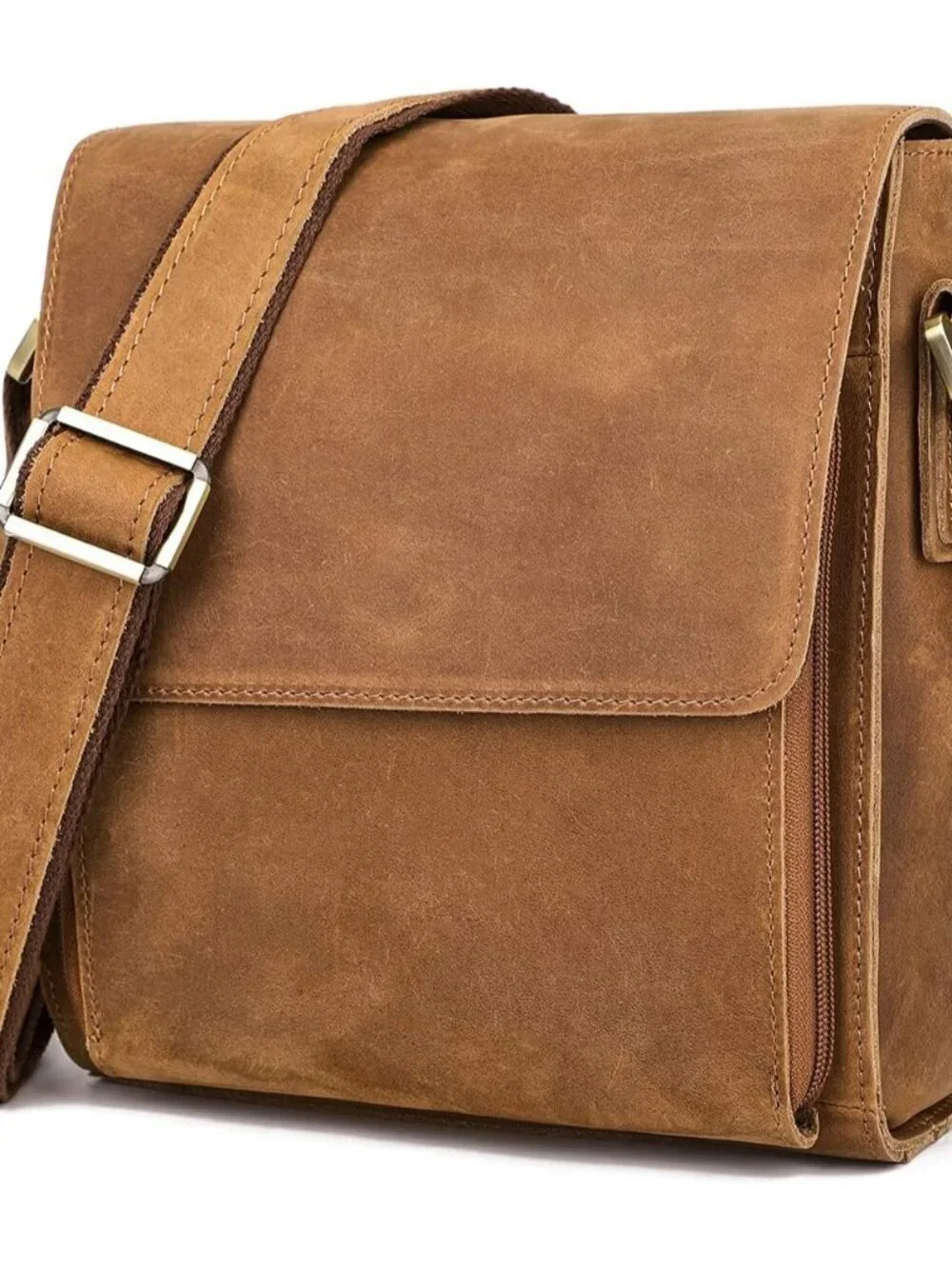 Men's Brown Yellow Genuine Leather Crossbody Travel Metal Zipper Messenger Bag